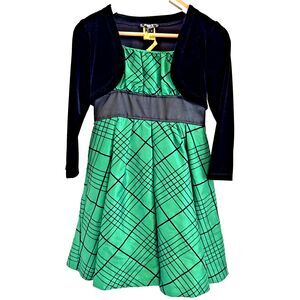 Green Formal Dress Sz 12 Black Plaid Velvet Attached Shrug Sequin Hearts Princes